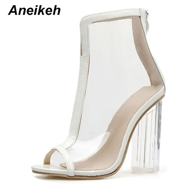 Aneikeh Bottes en PVC pour Femmes Chaussures d'Été Transparentes à Bout Ouvert Sandales à Talons Hauts en Plastique Mode Sexy pour Soirée Mariage Talon Carré Chaussures Fashion Nova