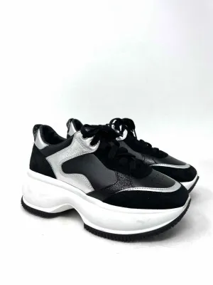 Chaussures de sport designer Hogan taille 6 à lacets, bicolores noir et argent