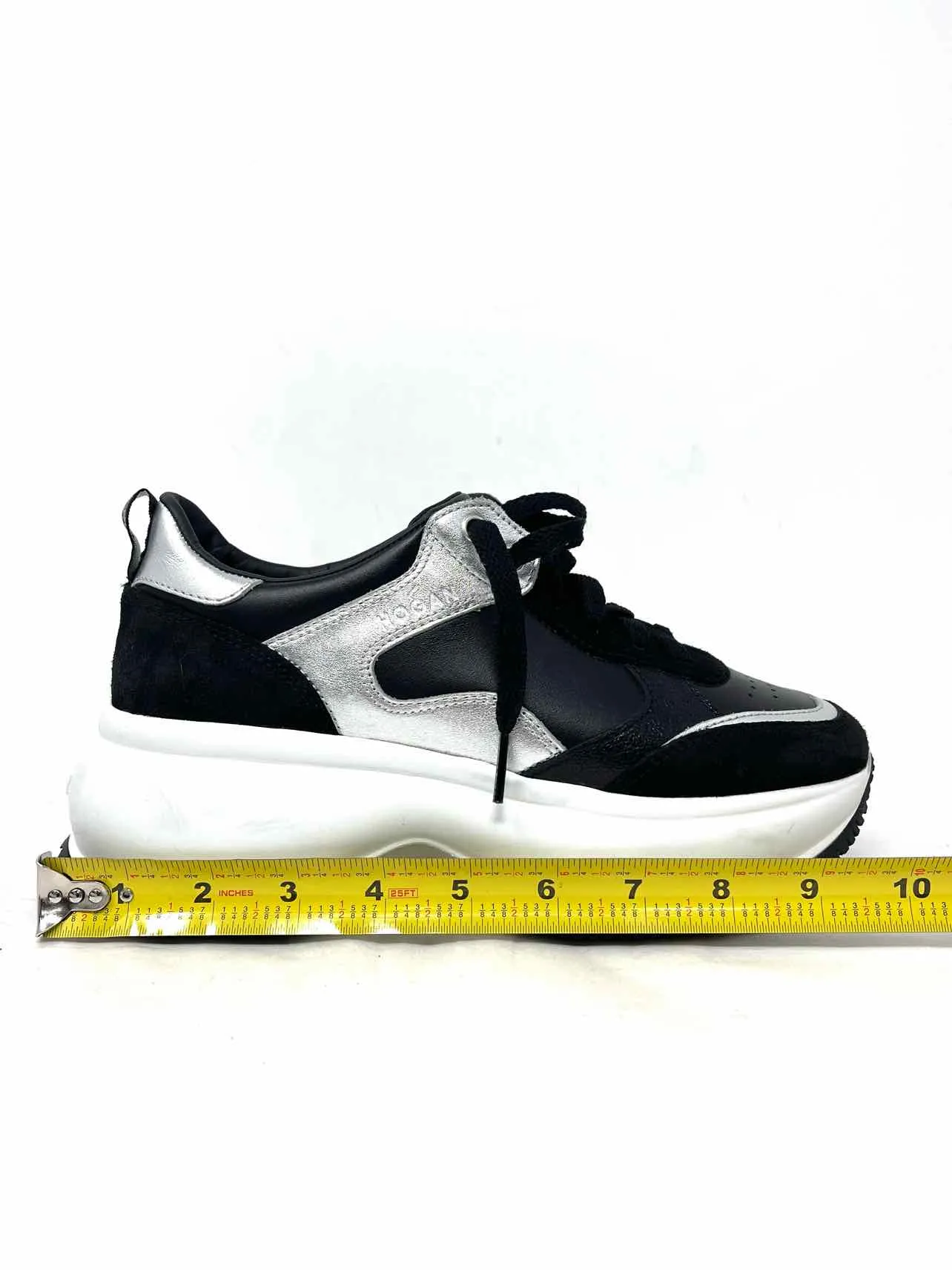 Chaussures de sport designer Hogan taille 6 à lacets, bicolores noir et argent