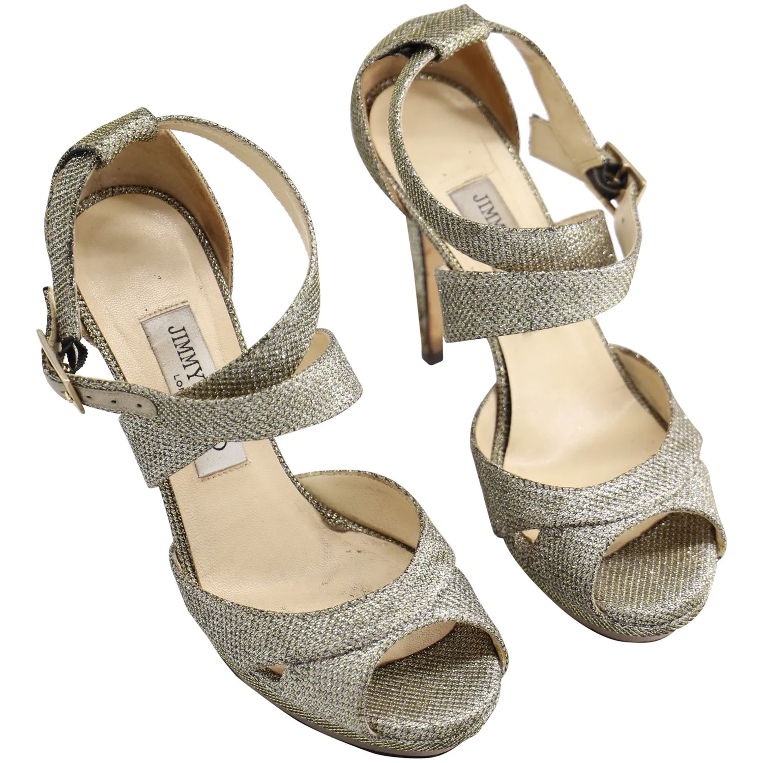 Jimmy Choo Sandales Plateforme Kuki Pailletées Lamé en Cuir Argent Métallisé