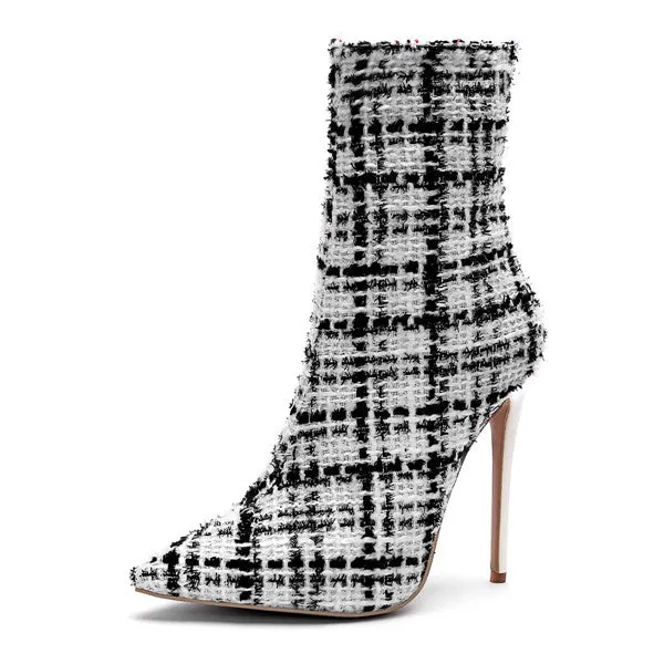 Mstacchi 2018 Bottes à Talons Aiguilles Femme, Bottes Cheville à Zip Motif Écossais, Chaussures à Bout Pointu pour Soirée, Mode Femme, Chaussures Fashion Nova