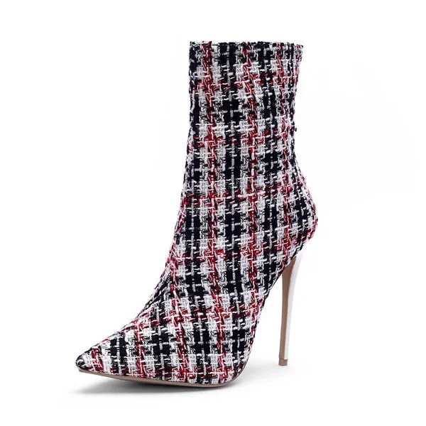 Mstacchi 2018 Bottes à Talons Aiguilles Femme, Bottes Cheville à Zip Motif Écossais, Chaussures à Bout Pointu pour Soirée, Mode Femme, Chaussures Fashion Nova