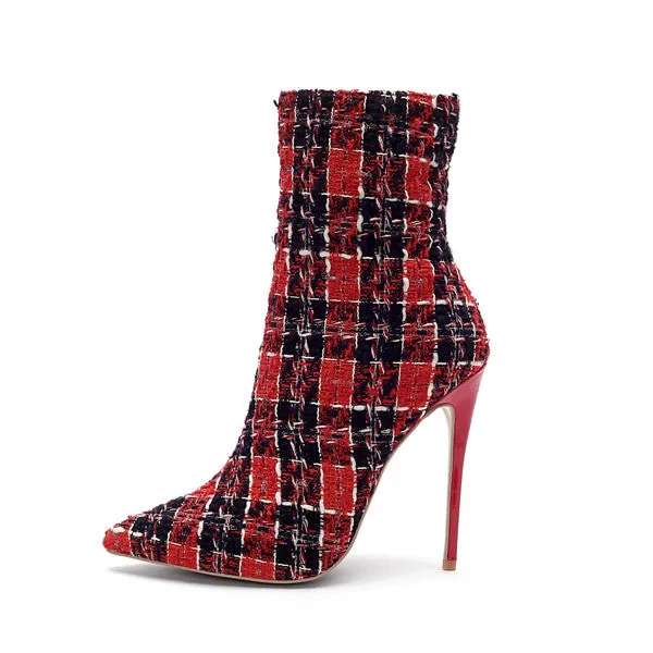 Mstacchi 2018 Bottes à Talons Aiguilles Femme, Bottes Cheville à Zip Motif Écossais, Chaussures à Bout Pointu pour Soirée, Mode Femme, Chaussures Fashion Nova