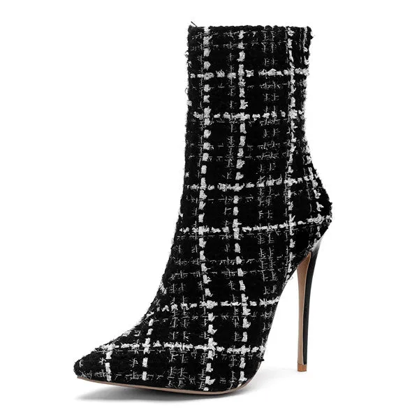 Mstacchi 2018 Bottes à Talons Aiguilles Femme, Bottes Cheville à Zip Motif Écossais, Chaussures à Bout Pointu pour Soirée, Mode Femme, Chaussures Fashion Nova