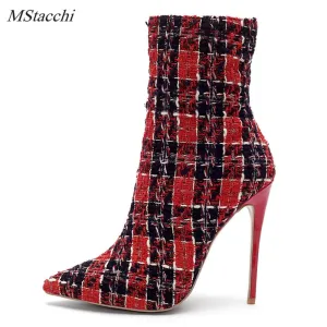 Mstacchi 2018 Bottes à Talons Aiguilles Femme, Bottes Cheville à Zip Motif Écossais, Chaussures à Bout Pointu pour Soirée, Mode Femme, Chaussures Fashion Nova