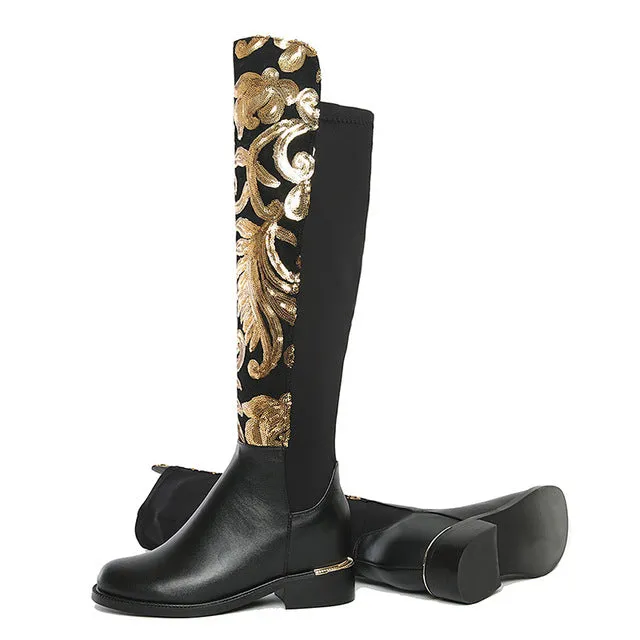 WETKISS Chaussures de Luxe Grande Taille pour Femmes Bottes Genou à Paillettes Dorées Cuir Véritable Élastique pour Fête Automne Hiver Chaussures Fashion Nova